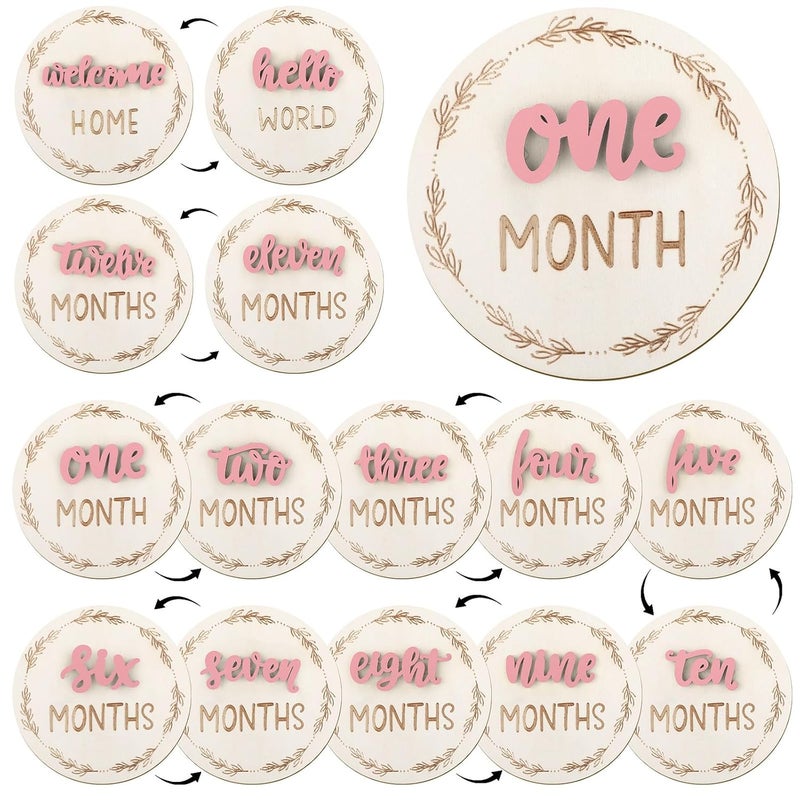 AuraRay 7 Pcs Months Baby Milestone Signs, 3D Pink Baby Monthly Milestone Cards Milestone Wooden Circles for Newborn Boy Girl 1-12 Months Baby Milestone Pictures (Double Sided) - Image 1